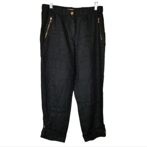 Calvin Klein Womens Black Linen Roll Tab Cuff Pants Size Small Elastic Waist Zip